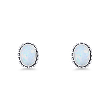 Oval Solitaire 6.8mm Beaded Stud Earring Lab Created White Opal 925 Sterling Silver Wholesale